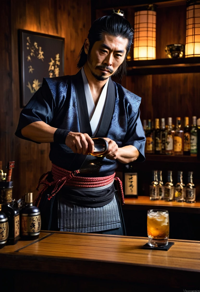 japanese samurai bartender, hyperrealistic, dim light
