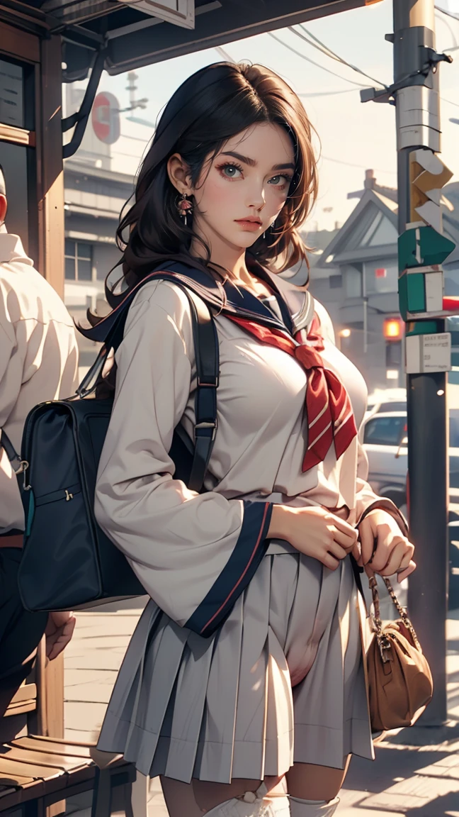 Japanese 、Sailor suit、Navy blue mini pleated skirt、loafers、school bag、Bus stop waiting room,One Summer Day,(hem lift:1.3),(open bag:1.3),(adnet weight:1.0),(hem that rolls up:1.3),(Fully exposed pussy:1.5),Well good,no panty,smile,