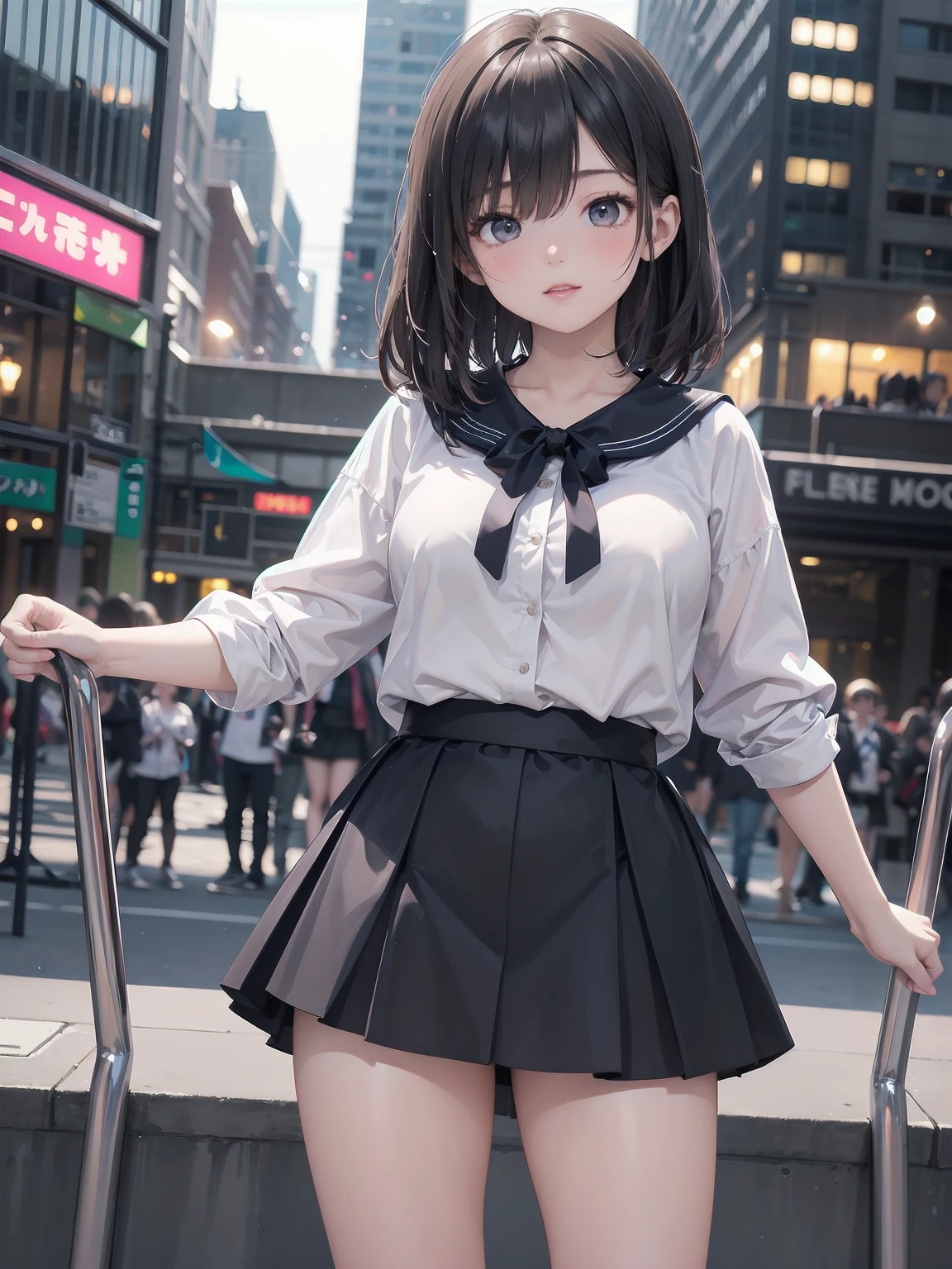 Highly detailed CG Unity 8k wallpaper, best quality, highly detailed, masterpiece, Highly detailed cute girl, 18 years old, (((lifting skirt by herself))), (lifting by herself), dynamic angles, sexy pose, blush, lips apart, looking at the audience , half body shot, (crowd), (crowded big city)), hair over one eye, immaculate beauty, upscale, less revealing clothing