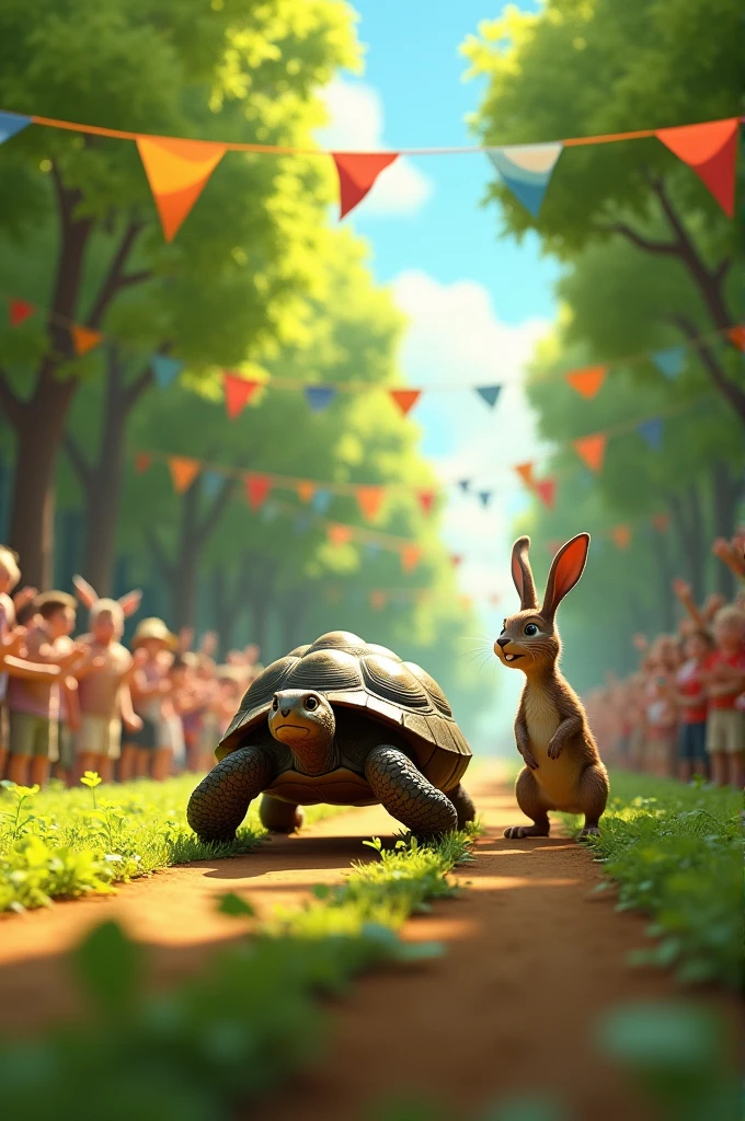 The tortoise wins and crosses the finish line while the hare watches ???????????. 