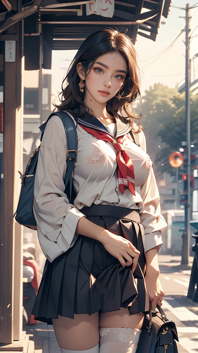 Japanese 、Sailor suit、Navy blue mini pleated skirt、loafers、school bag、Bus stop waiting room,One Summer Day,(hem lift:1.3),(open bag:1.3),(adnet weight:1.0),(hem that rolls up:1.3),(Fully exposed pussy:1.5),Well good,no panty,smile,(pussy),(nipples)