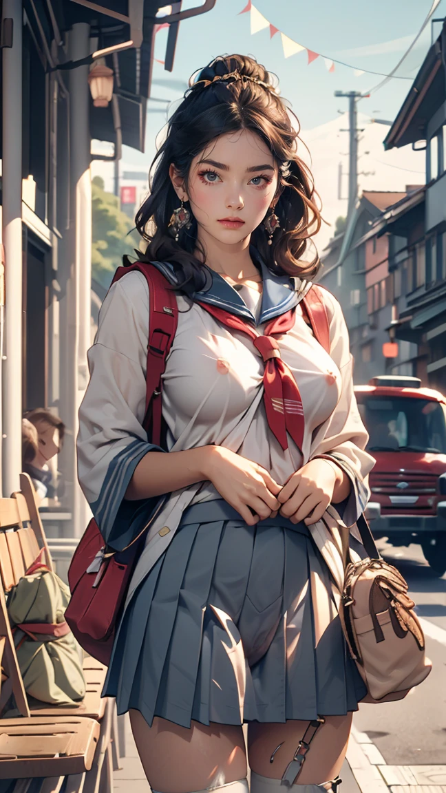 Japanese 、Sailor suit、Navy blue mini pleated skirt、loafers、school bag、Bus stop waiting room,One Summer Day,(hem lift:1.3),(open bag:1.3),(adnet weight:1.0),(hem that rolls up:1.3),(Fully exposed pussy:1.5),Well good,no panty,smile,(pussy),(nipples)