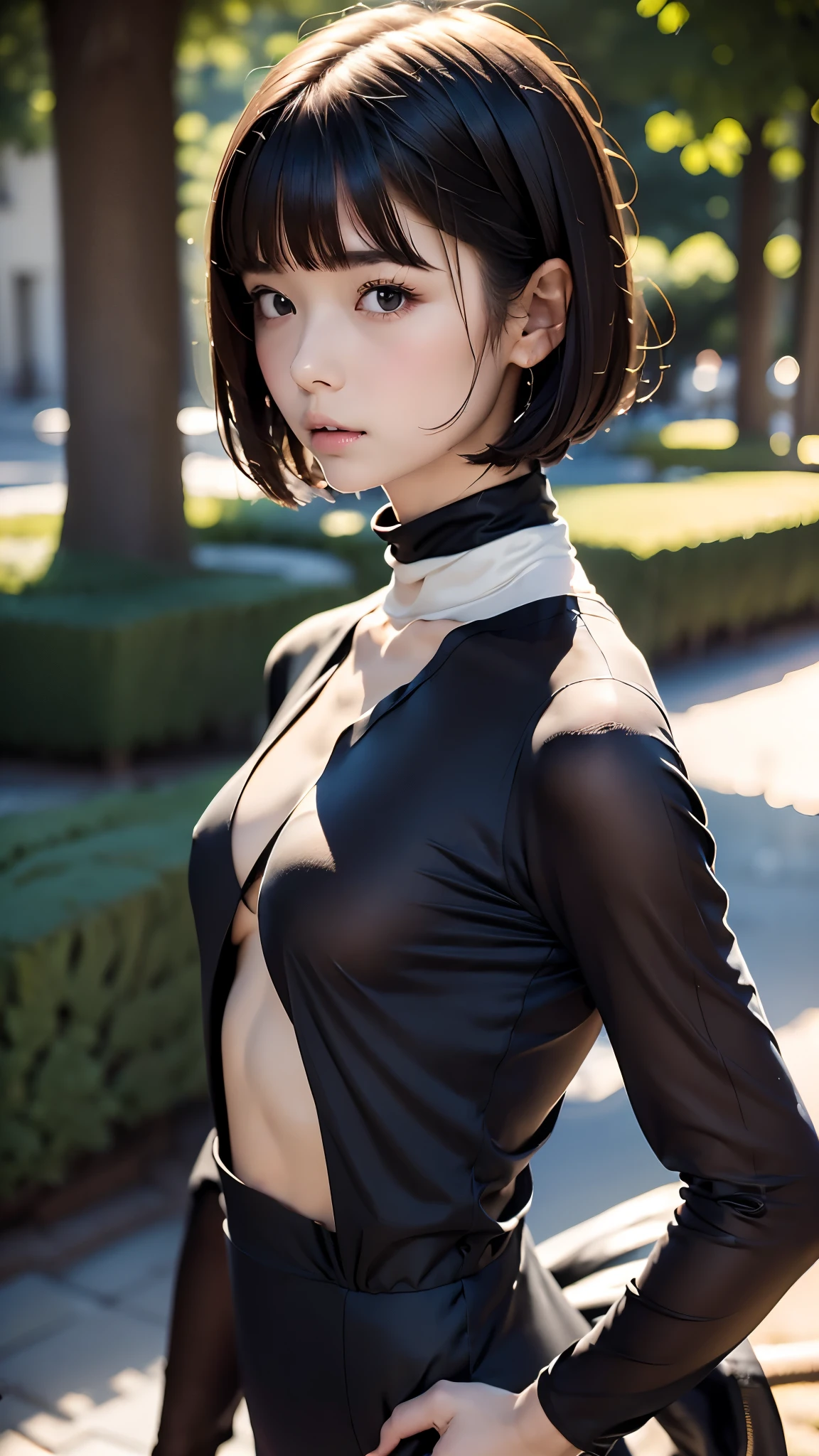 Highest quality、masterpiece、Perfect Anatomy、Center of chest,Black Dress,turtleneck, slim, short hair、(((Small breasts、Small breasts、Flat Chest)))、White shirt、Natural look、Blurred Background、