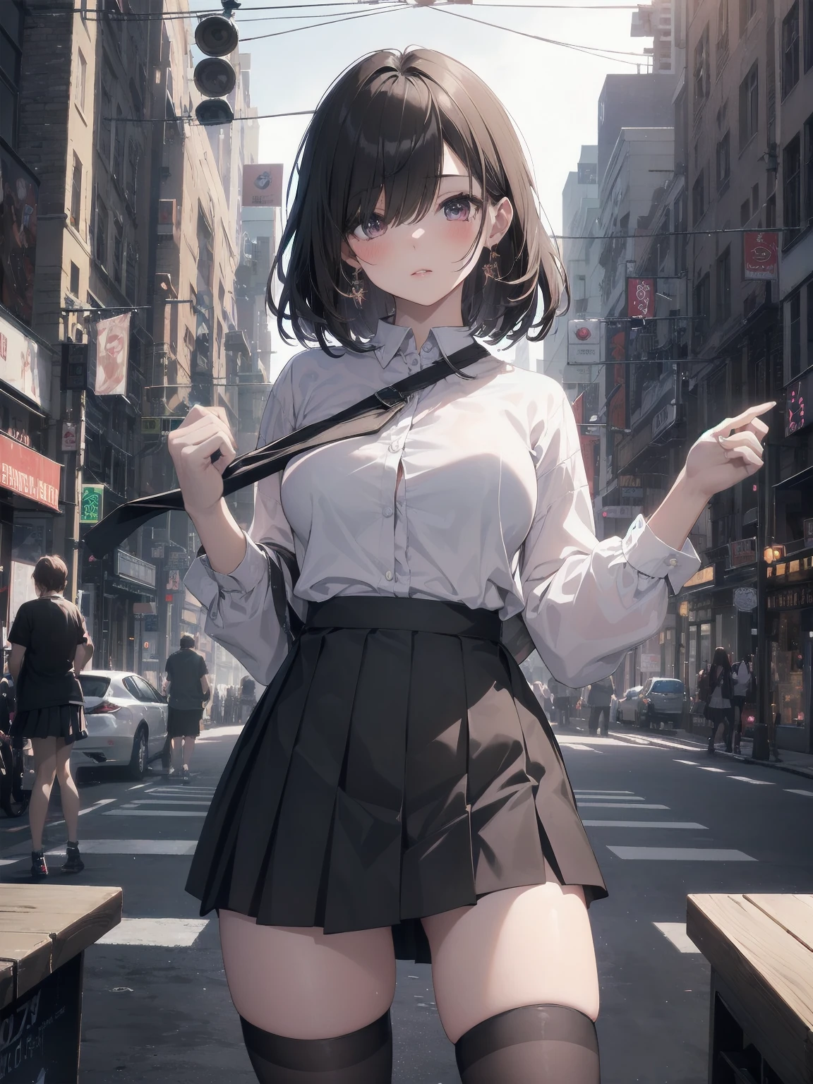 Highly detailed CG Unity 8k wallpaper, best quality, highly detailed, masterpiece, Highly detailed cute girl, 18 years old, (((lifting skirt by herself))), (lifting by herself), dynamic angles, sexy pose, blush, lips apart, looking at the audience , half body shot, (crowd), (crowded big city)), hair over one eye, immaculate beauty, upscale, less revealing clothing