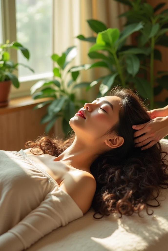 (photorealism:1.2), beautiful korean woman, sleep on bed, wearing loose off-shoulder top, nude, long curly hair, indoors, soft lighting, plants in background, window with sunlight, cozy room, relaxed pose, realistic, intricate details, warm colors, massage by two hand
