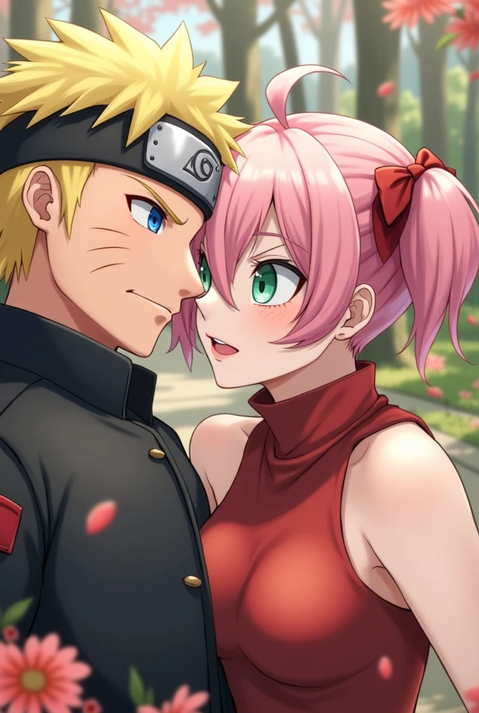 A holiday afternoon, lovers, a couple, a blonde man, a man in a black suit, a woman with short pink hair, naruto style, precise, masterpiece, female green eyes, male blue eyes,