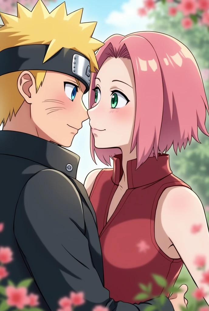 A holiday afternoon, lovers, a couple, a blonde man, a man in a black suit, a woman with short pink hair, naruto style, precise, masterpiece, female green eyes, male blue eyes,