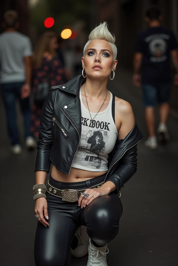 russian old milf woman, , blonde platinum hair (beehive bun) and oversized square sunglasses as headband), with very light green eyes, extremely pale. Wearing studded, padded shoulders, cropped black moto jacket (zippers on the side. dark burgundy push up t-shirt with skull and wings logo and gothic lettering,, dark skinny low rise blue jeans with holes on knees .White tennis sneakers. Lots of thick wide studded bracelets, chain collars and big rings. Tacky wide studded leather belt with big eagle oval buckle. Long earrings with chains. Kneeling on a ragged usa flag, looking at the photographer. Hands on knees. Looking at the camera, Toned abdominals, thin neck, slim legs and thin arms. Narrow hips. Heavily tattooed on chest, hands, neck and arms. Crowded street of Angola