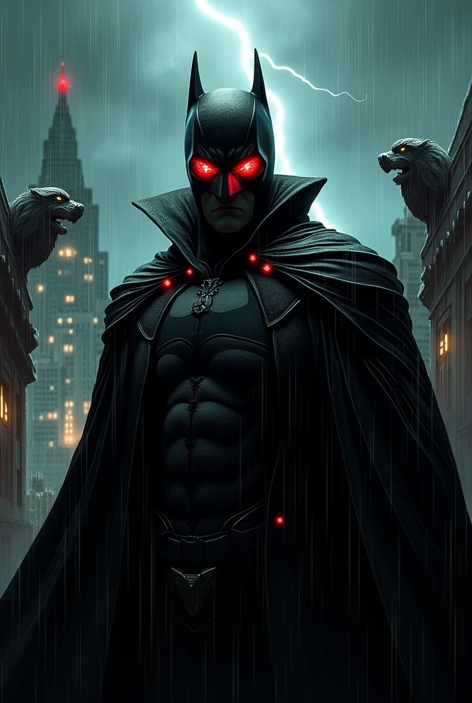 A super villain with a black cape and a cloth man mask with red eye details that glow red