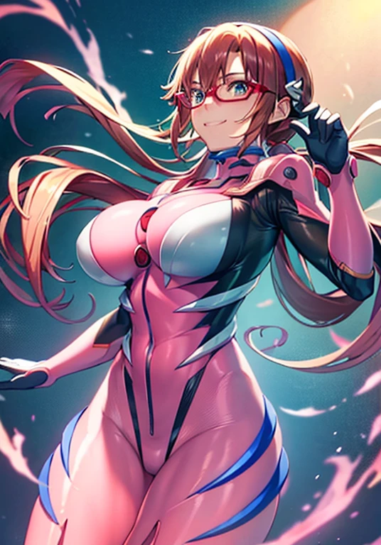 masterpiece, Highest quality:1.2),8k, One Woman, alone,Glowing Skin, 非常に非常にHuge breasts、Thick legs、とてもHuge breasts、Huge breasts、Are standing、Composition from the front、smile、Look forward、Please stand up straight, Turn your body forward、Looking into the camera、Red glasses、Pink bodysuit covering the whole body、Show your side