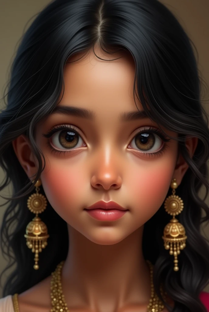 (photorealism:1.2), Create girl with the name Hridhya

Medium Black color Hair, 
Whitish skin
Big eyes, black color
Brown color lips
Oval face
Straight nose
Black eyebrows ( medium size )
Medium size ears with long ear rings
Big chin 
Little black Circle around eyes
South Indian girl
