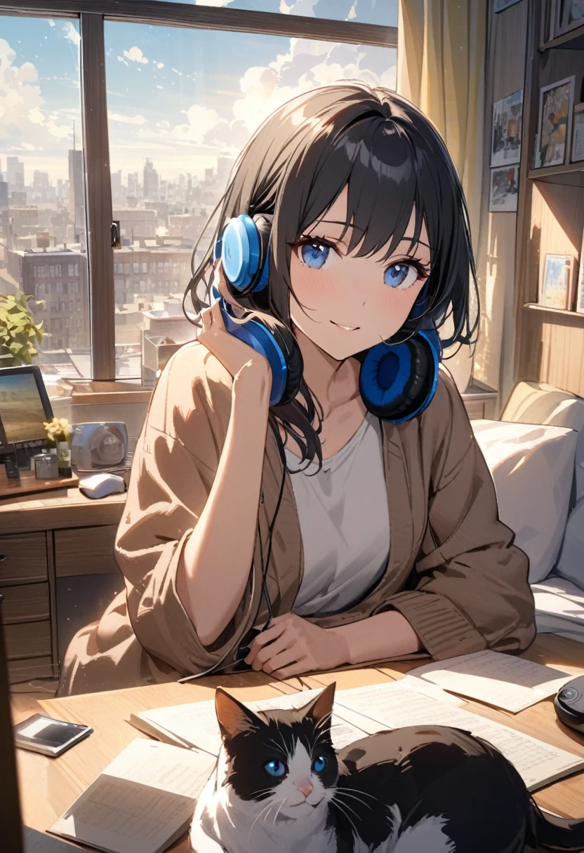 Beautiful woman, alone, A gentle smile on her face, Black Hair, blue eyes,Cat, Beautiful depiction,A woman sitting in front of a computer in a cozy bedroom, A woman listening to music in a cozy room. (noon), Use headphones, (beautiful noon views from windows), city,Very detailed