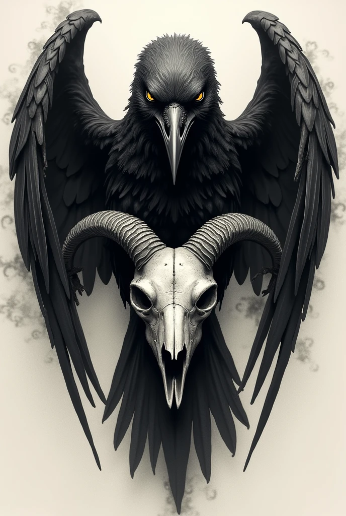 I want it for a semi-realistic tattoo where there is a raven looking straight ahead and a skull on its chest, that it has a horror style and the skull with the raven are incorporated, that it represents the darkness of Edgar Allan Poe's poems and that the raven's wings are open, I want the raven to look eerie, like half skeletal and the skull to be of an animal like a goat 