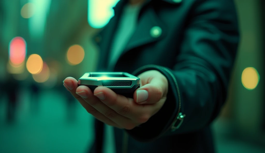 technological device , grasped with one hand, hand with leather jacket , blurred green background
