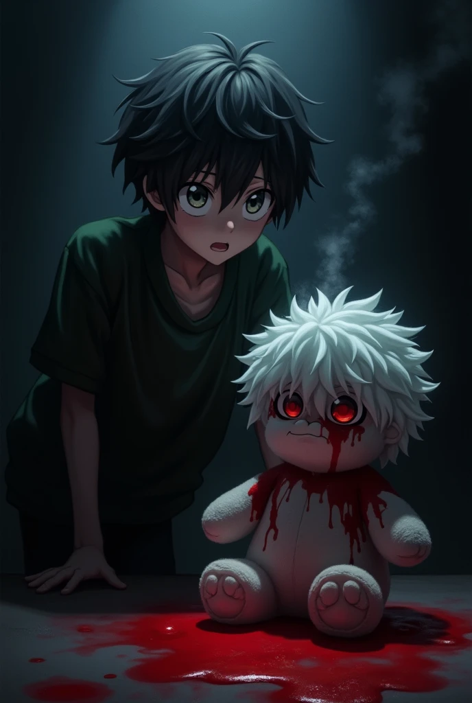 Shocked Todoroki Shouto staring at a bleeding Midoriya Izuku plush in the darkness