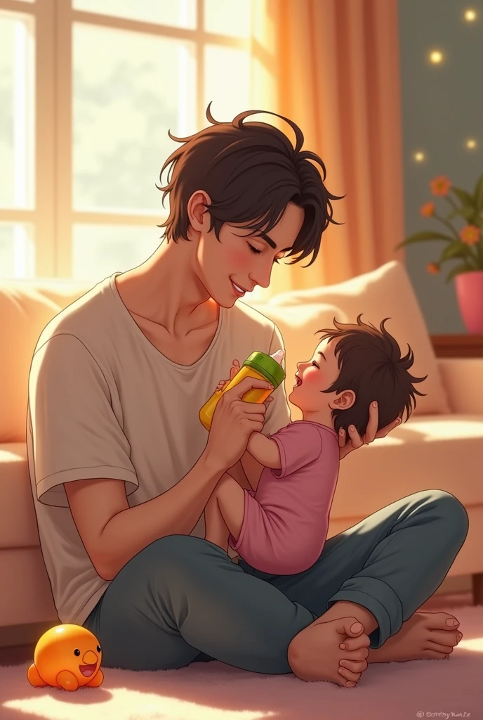make another picture of Bangchan the leader of stray kids. holding a in his arms while feeding her with a bottle