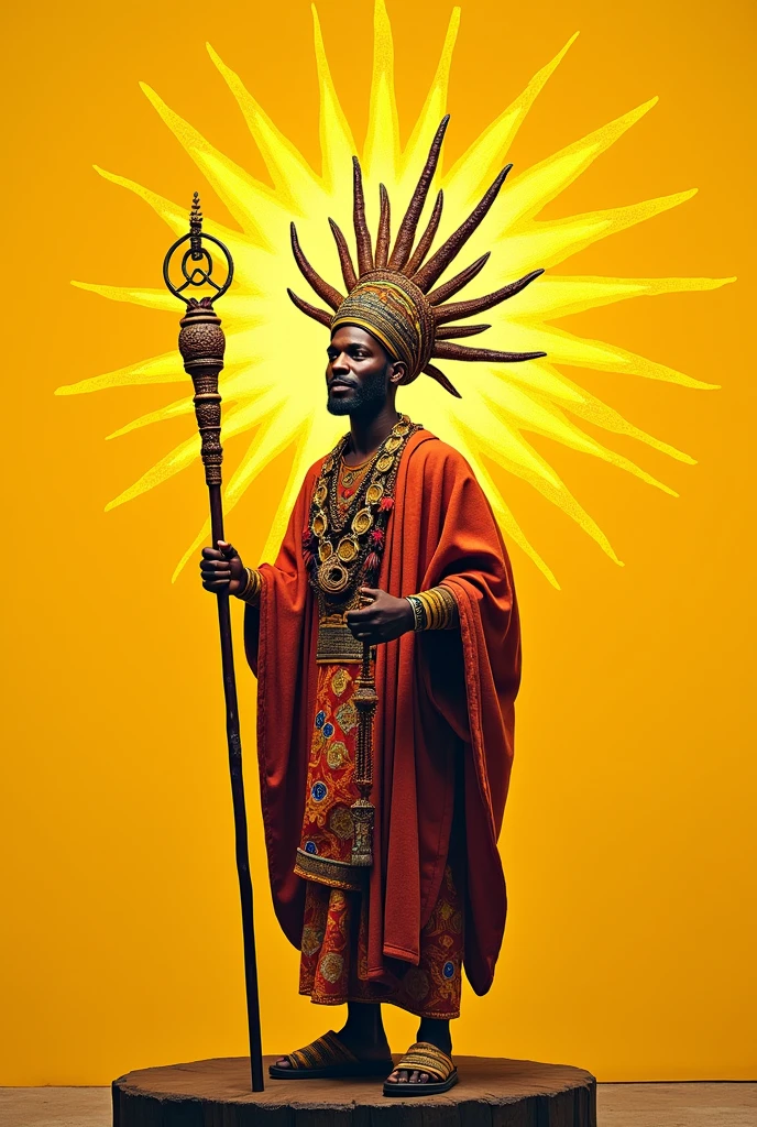 I want to create a post for my Instagram. I want a vibrant yellow background image. with the written sentence "August 16th, Obaluaê's Day". In the center of the image I want Obaluaê holding his staff. Remember that Obaluaê is an African Orisha.