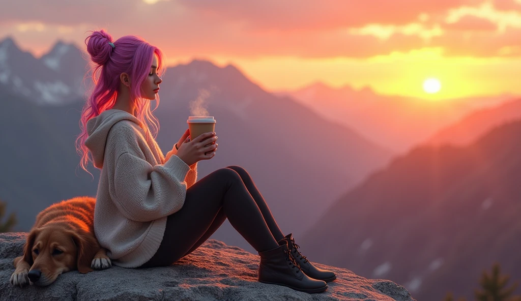 a serene mountain sunset scene. In the foreground, a young e-girl is sitting on a rocky outcrop, wearing a cozy sweater and stylish leggings. She is sipping a cup of coffee, with a relaxed and content expression as she watches the sunset. Beside her, a medium-sized dog is sitting comfortably, both gazing at the breathtaking view. The warm, golden hues of the setting sun cast a beautiful glow over the landscape, with the rugged mountain terrain and distant horizon creating a peaceful and picturesque backdrop. The overall atmosphere should evoke a sense of calm and appreciation for nature's beauty, highlighting the special moment shared between the e-girl, her dog, and the sunset.