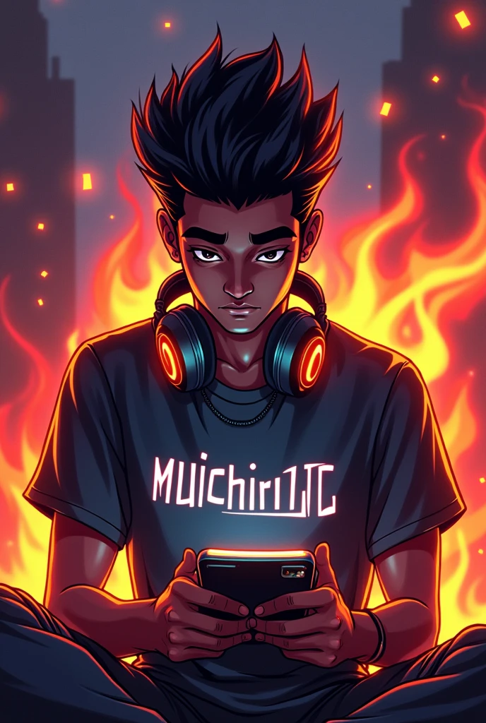 Create a mascot where the mascot is a dark-skinned adult gamer guy playing with a phone with fire around him and with the name MUICHIRO18JC at the bottom. 