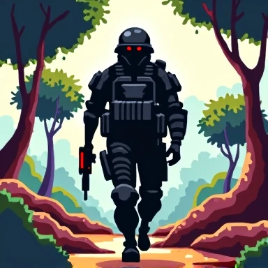 A soldier with a light gun, wearing a black military uniform, goes to Juloro. Pixel art in 100*100 dimensions.