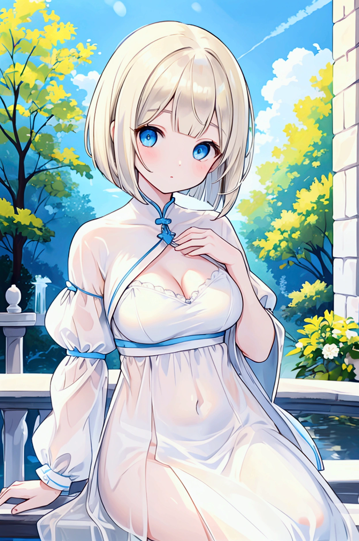 Photorealistic、Highest quality、Highest Resolution、Highest quality、16K、One beautiful woman、Cute face、Delicate face、Bob cut hair、Light Hair Color、Pale blue eyes、Delicate eyes、Beautiful breasts、Big Breasts、Cool clothes、Simple clothes、Blue sky、Sexy pose、