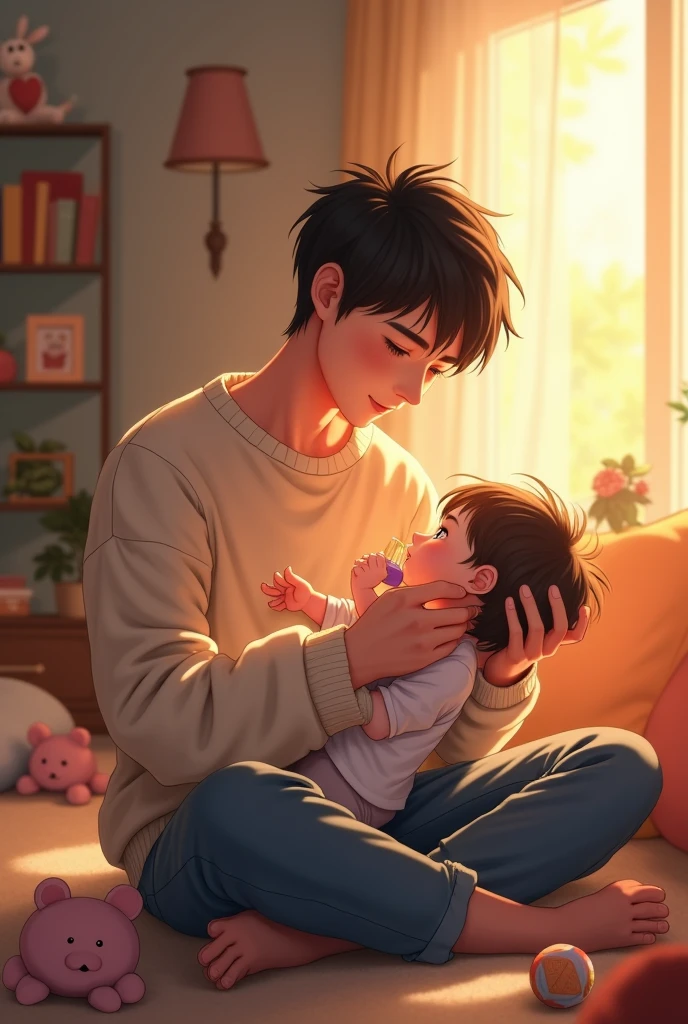 Make another realistic image of Bangchan, the leader of Stray Kids. holding a baby in his arms while feeding her with a bottle