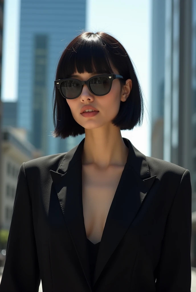 short hair woman,black color, with chasquillas, pálida y gafas de sol black color, formally dressed