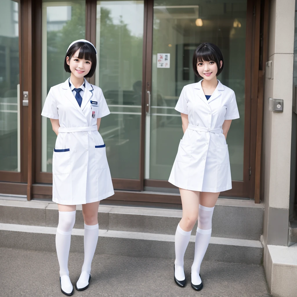 White knee-high socks、White nurse uniform、White pumps、Japanese women、whole body、Black Hair、short hair、Standing posture、smile、High resolution, Gaze, Anatomically correct, Highest quality、20-year-old
