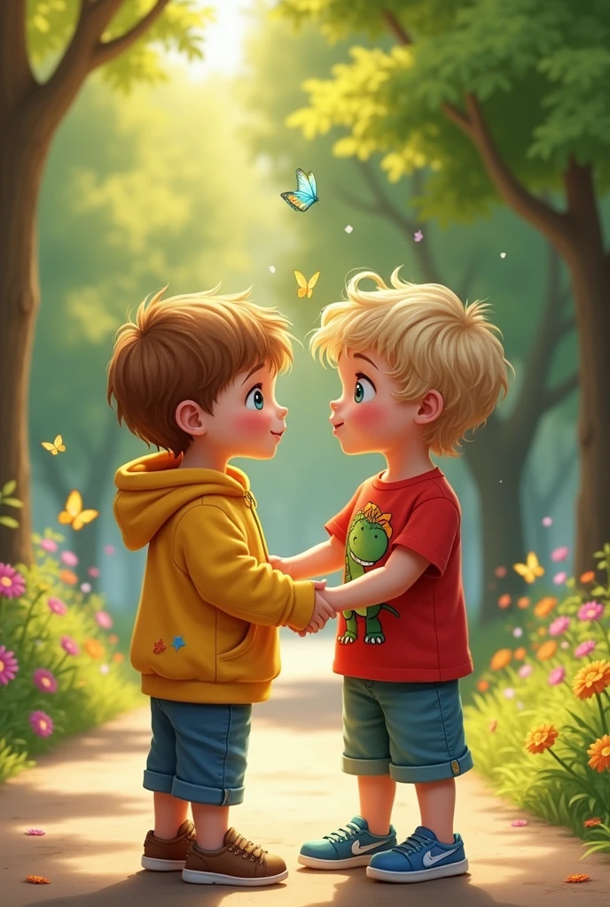 Two 5-year-old male friends saying goodbye so they won't become ashamed. 