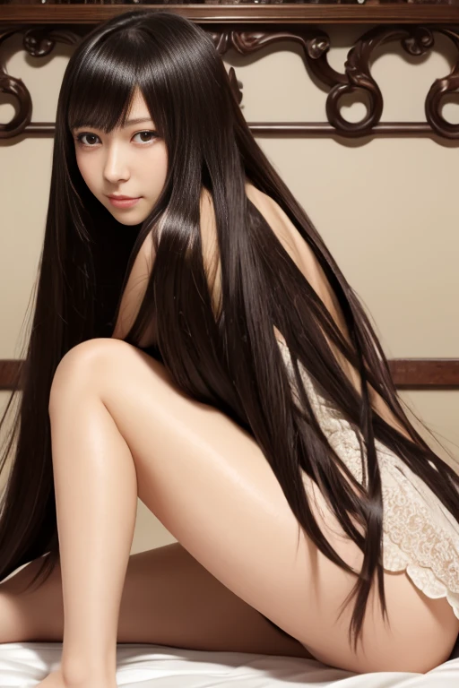 girl laying on bed with her legs spread out, furry art, a detailed painting, by Jin Homura, wet dripping long hair, dark brown hair and tan skin, beautiful alluring anime teen, in clothes! highly detailed, long flowing dark hair