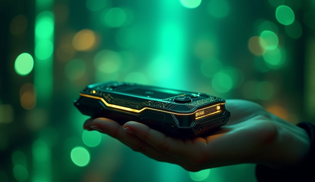 futuristic device , Holding with one hand, , blurred green background with high-quality lights