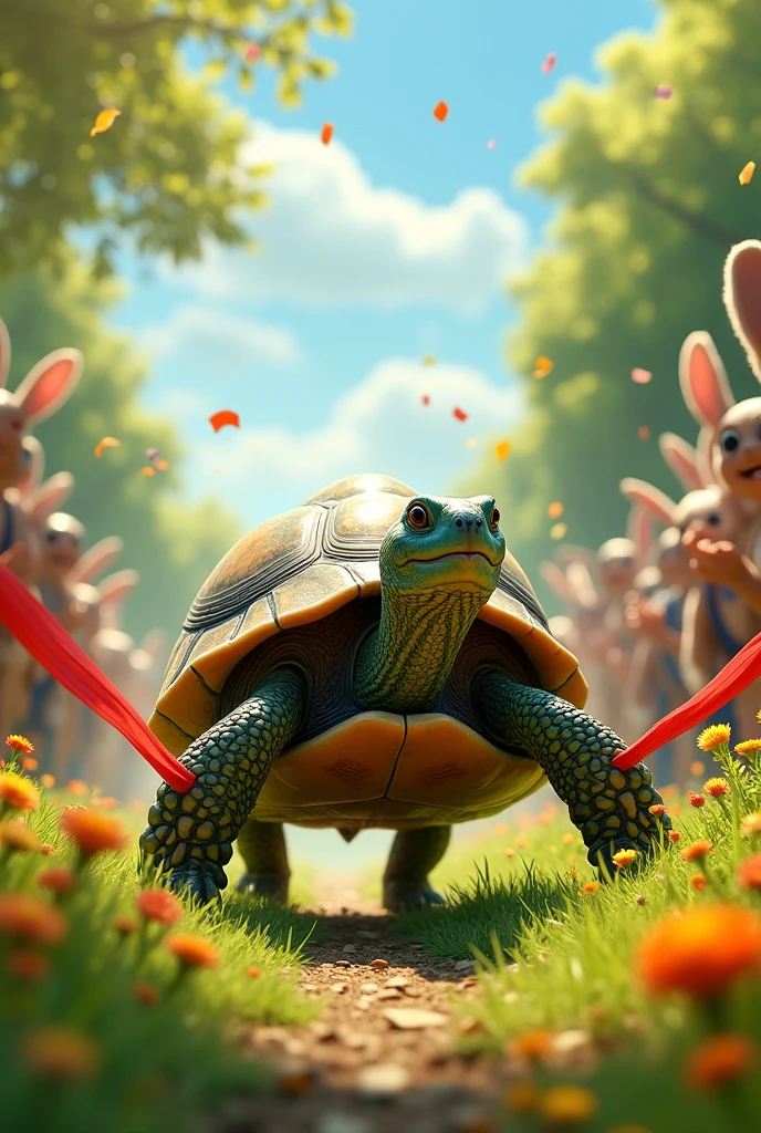 The turtle wins and breaks the goal rope