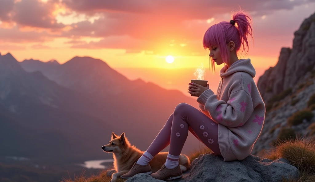 a serene mountain sunset scene. In the foreground, a young e-girl is sitting on a rocky outcrop, wearing a cozy sweater and stylish leggings. She is sipping a cup of coffee, with a relaxed and content expression as she watches the sunset. Beside her, a medium-sized dog is sitting comfortably, both gazing at the breathtaking view. The warm, golden hues of the setting sun cast a beautiful glow over the landscape, with the rugged mountain terrain and distant horizon creating a peaceful and picturesque backdrop. The overall atmosphere should evoke a sense of calm and appreciation for nature's beauty, highlighting the special moment shared between the e-girl, her dog, and the sunset.
