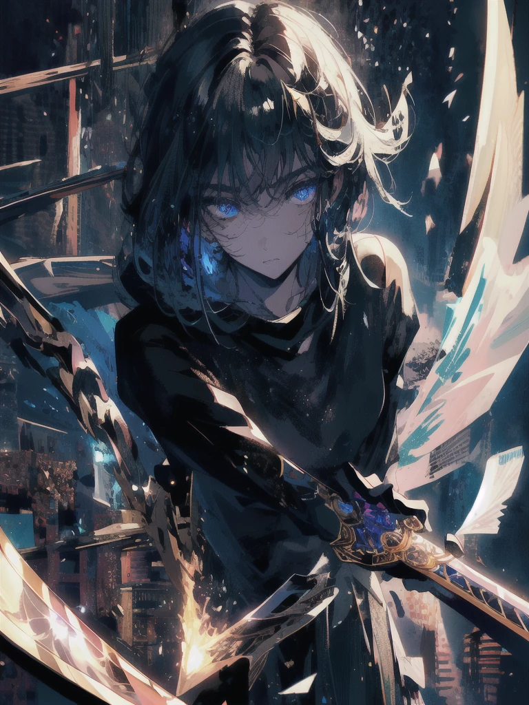 Holding a one-handed sword、Please take the black sword.、((masterpiece, highest quality, Super detailed, High resolution)), alone, beautiful girl, shining eyes, perfect eyes, , black white gold theme,