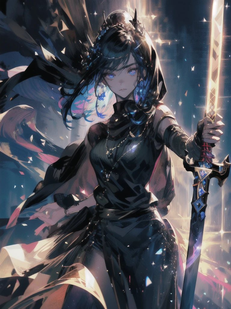 Holding a one-handed sword、Please take the black sword.、((masterpiece, highest quality, Super detailed, High resolution)), alone, beautiful girl, shining eyes, perfect eyes, , black white gold theme,