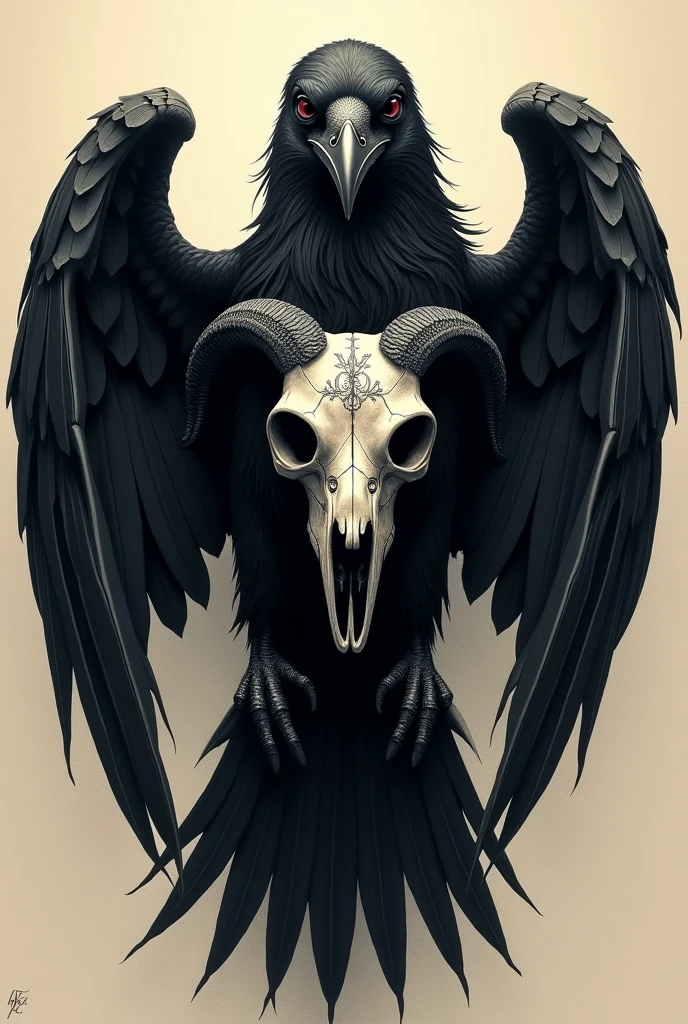 I want it for a semi-realistic tattoo where there is a raven looking straight ahead and a skull on its chest, that it has a horror style and the skull with the raven are incorporated, that represents the darkness of Edgar Allan Poe's poems and that the raven's wings are fully open, I want the raven to look eerie, like half-dead and the skull is of an animal like a goat that looks almost satanic