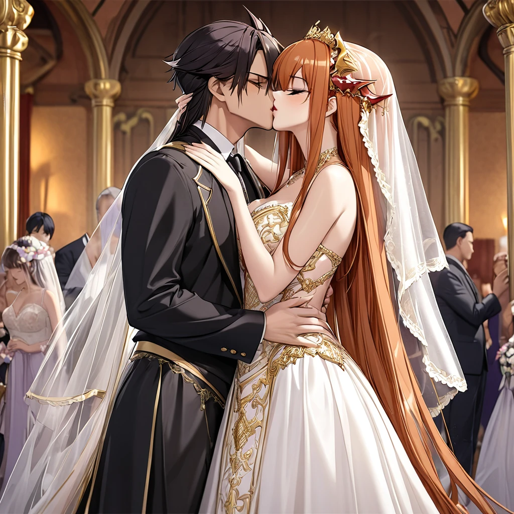 ((Highest quality)), ((masterpiece)), (detailed), （Perfect Face）、The woman is Maya Cordelia, the Demon King's bride, with orange, semi-long hair. She is adorned in a luxurious black mermaid-line wedding dress with lavish gold embroidery and edging, along with a black wedding veil and extravagant accessories.、The woman, a devil, embraces the wicked demon king man, shares a vowing kiss, and holds a wedding ceremony.、The woman became the wife of the demon king, becoming the demon queen and becoming the demon king's companion for life.