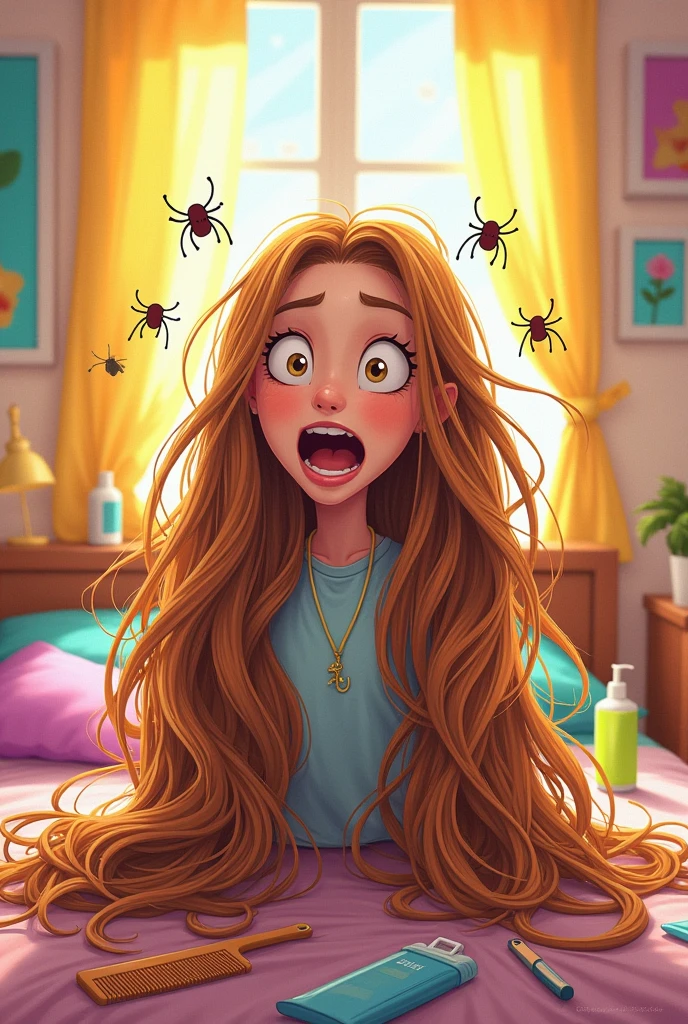 Create a funny image of a with long hair who has head lice.