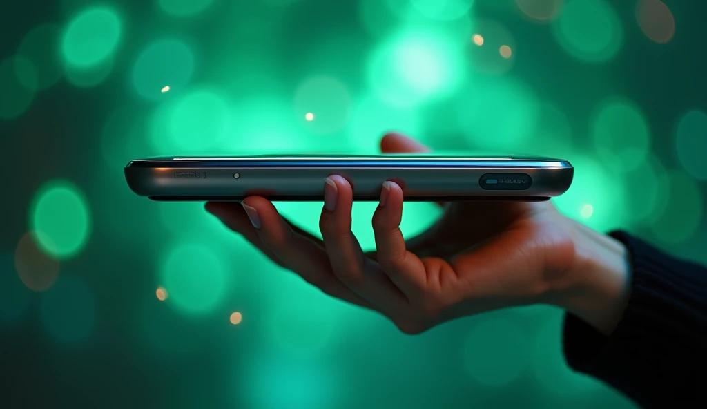 futuristic device , Holding with one hand,  , blurred green background with high-quality lights
