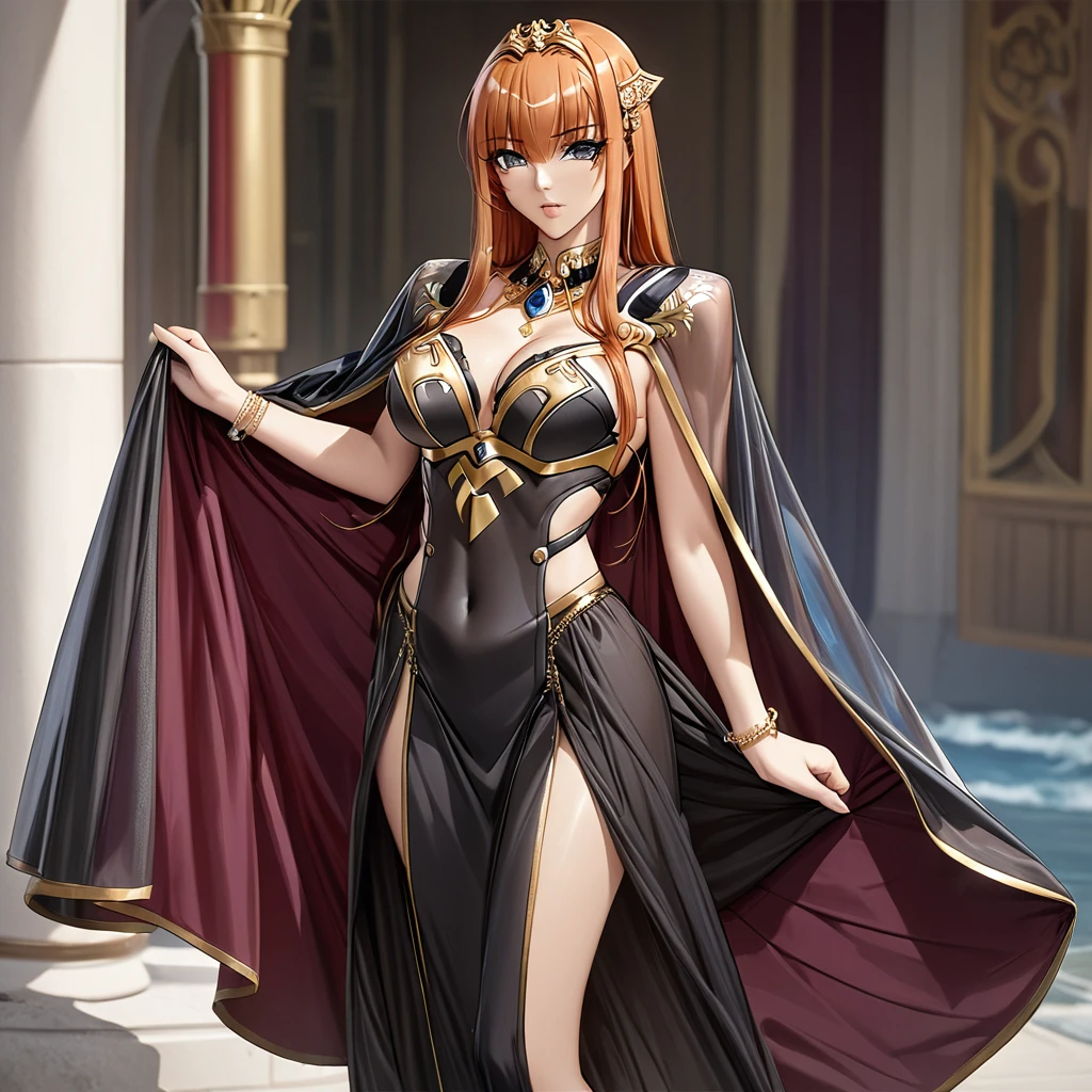 ((Highest quality)), ((masterpiece)), (detailed), （Perfect Face）、The woman is Maya Cordelia, with medium-long orange hair, wearing a black outfit with gorgeous gold embroidery and trim, a black transparent cape, and gorgeous accessories.
