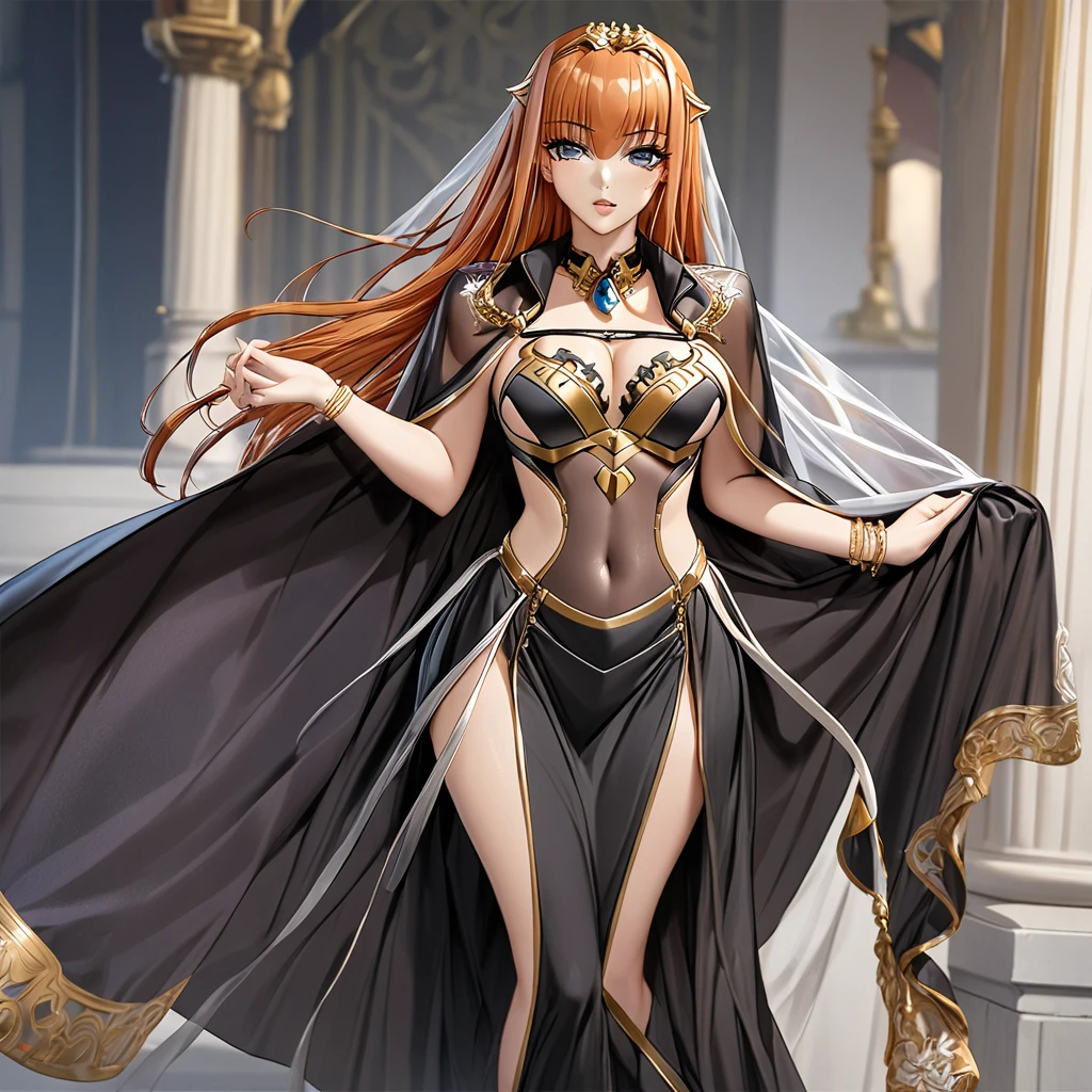 ((Highest quality)), ((masterpiece)), (detailed), （Perfect Face）、The woman is Maya Cordelia, with medium-long orange hair, wearing a black outfit with gorgeous gold embroidery and trim, a black transparent cape, and gorgeous accessories.