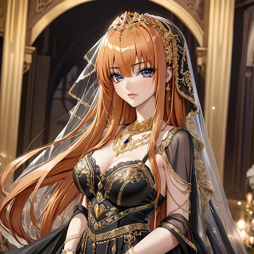 ((Highest quality)), ((masterpiece)), (detailed), （Perfect Face）、The woman is Maya Cordelia with orange semi-long hair, wearing a luxurious black vintage wedding dress with elaborate gold embroidery and trim, as well as a black wedding veil, and adorned with luxurious accessories.