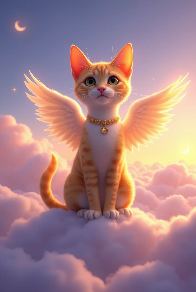 Generate two types of images of a male cat, Slender yellow with a hint of orange with honey-green eyes wearing a collar with a tag that says his name which is DJANGO. He has angel wings and is in the sky on top of a cloud wishing good night .
