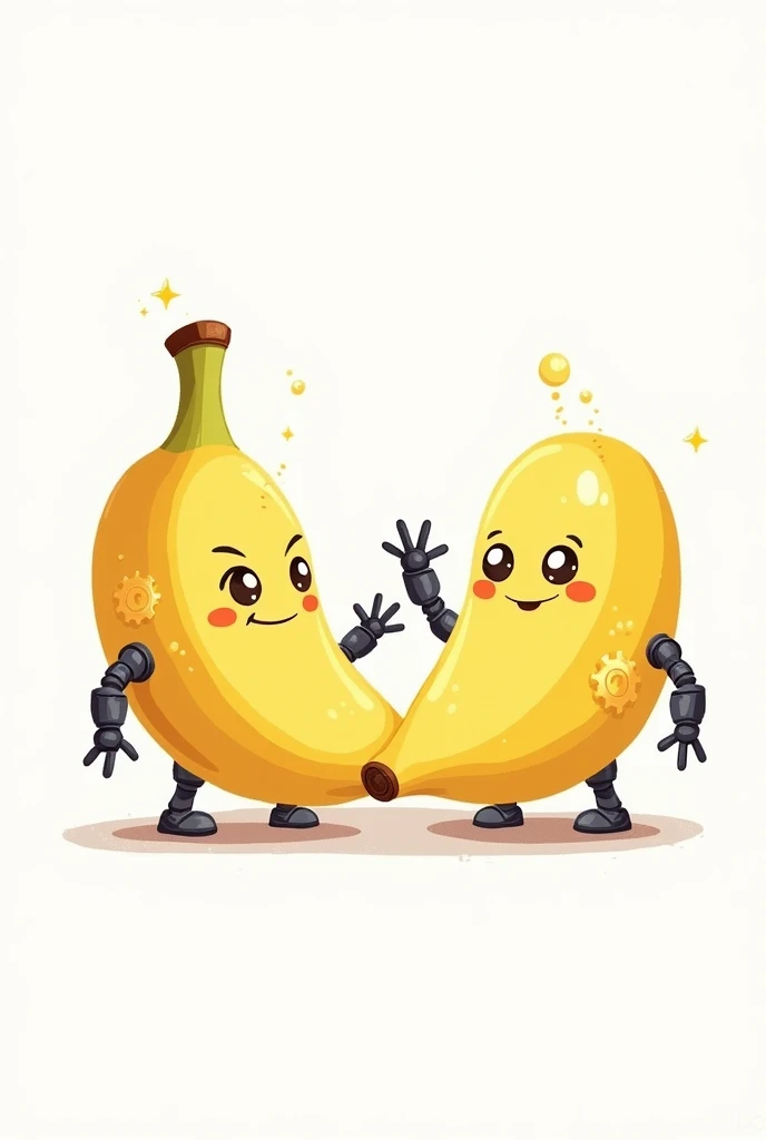 Drawing of small bananas that look like robots holding around a circle on a white background