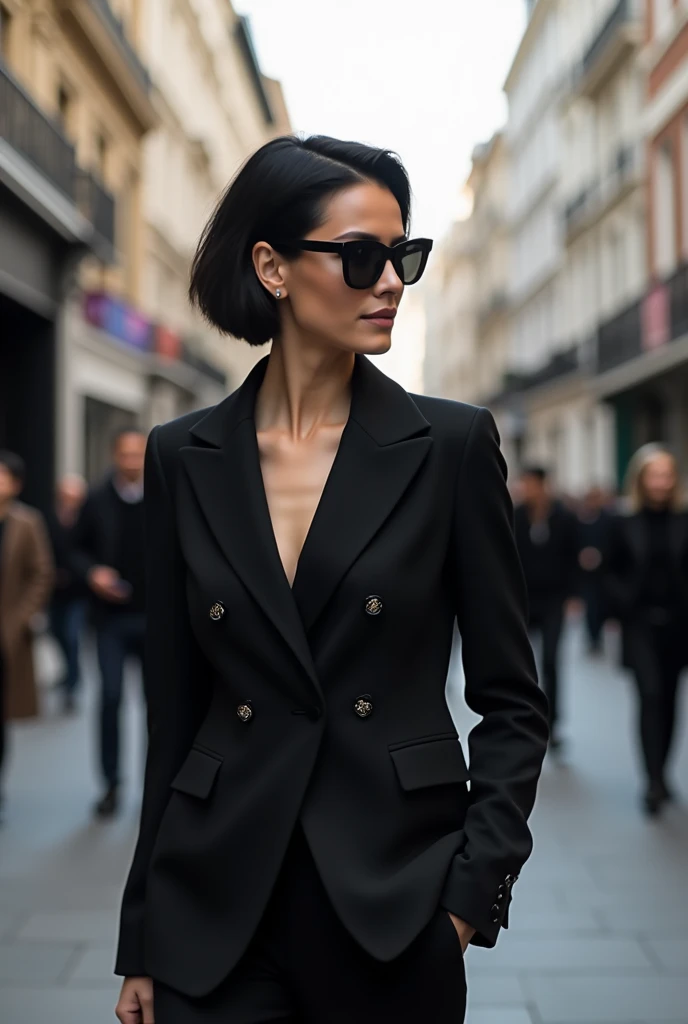 short hair woman,black color, with chasquillas, pálida y gafas de sol black color, formally dressed, British