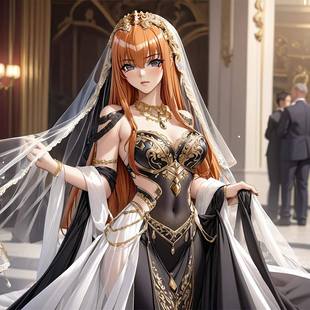 ((Highest quality)), ((masterpiece)), (detailed), （Perfect Face）、The woman is Maya Cordelia, with semi-long orange hair, wearing a luxurious black mermaid-line wedding dress with ornate gold embroidery and trim, and a black wedding veil, also adorned with lavish accessories.