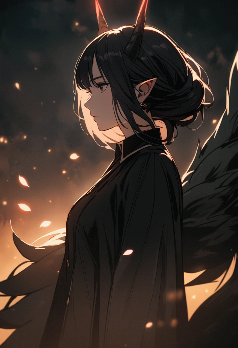 A woman with jet black hair, The woman has dragon horns, black wings and 9 kitsune tails, The woman has completely black eyes except for two red dots in the center