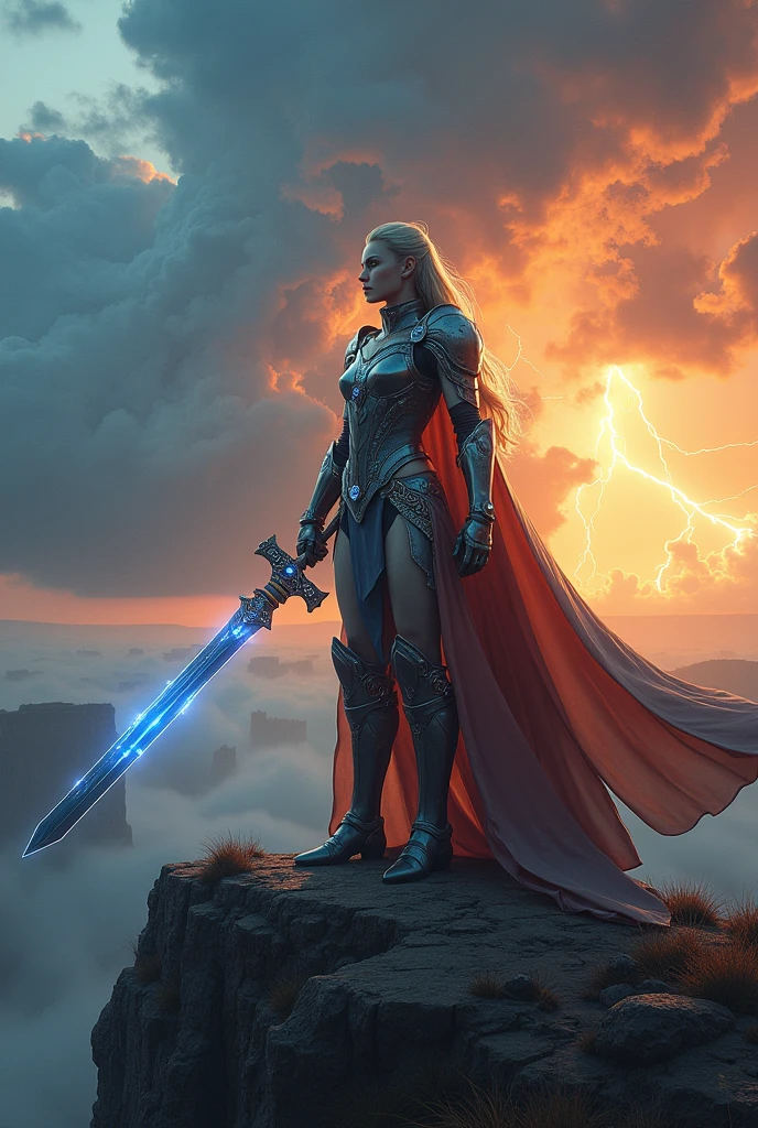 Elemental HERO Ultimate Avenger in the female version exudes power, elegance and overwhelming strength, combining traditional aspects of Elemental heroes with a fierce and imposing grace.
Female Appearance Description:
Suit and Body: The body of the female Ultimate Avenger is slender and athletic, sculpted with graceful lines that highlight both strength and femininity. She wears light, flexible armor that fits perfectly to her curves, made of a shiny silver metallic material that reflects light in iridescent hues. The armor is adorned with intricate details, like energy lines flowing throughout the suit, pulsating in colors that change according to the dominant element. These lines create patterns that resemble intricate filigree, standing out against the metallic background.
Helmet and Hair: The female Ultimate Avenger wears an elegant helmet that leaves part of her face visible, highlighting her piercing and luminous eyes that shine in radiant white. The helmet has an aerodynamic design, with a central crest that extends backwards, similar to a tiara, giving it an air of royalty. From inside the helmet, long hair flows like a waterfall, varying in vibrant colors that change with the active element — sometimes fire red, other aqua blue or light gold. These hairs move as if they were alive, reacting to emotions and the power she emanates.
Cape and Accessories: A long, flowing cape is attached to the shoulders of the female Ultimate Avenger, made of an ethereal fabric that looks like a fusion of silk and pure light. The cape glows softly, changing color with the elements, and moves like a natural extension of her body, floating gracefully even when at rest. The edges of the cape are embroidered with elemental symbols in gold and silver, that glow with a soft light.
Weapons and Details: She carries an elegant sword with a thin and sharp blade, that appears to be made of pure crystal, translucent and sparkling with the energy of the
