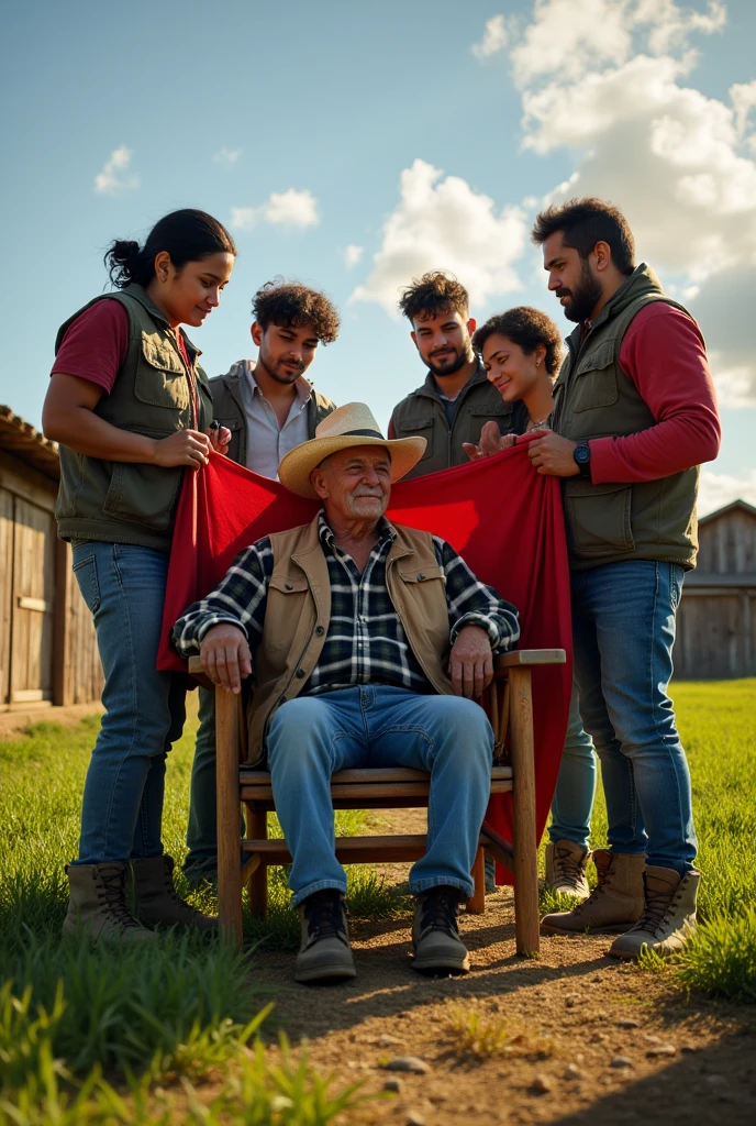 Young Latinx men of color, alphabetizing a Latinx adult farmer of color, holding a red and black bicoloured flag in their hand, seated on old wooden chairs