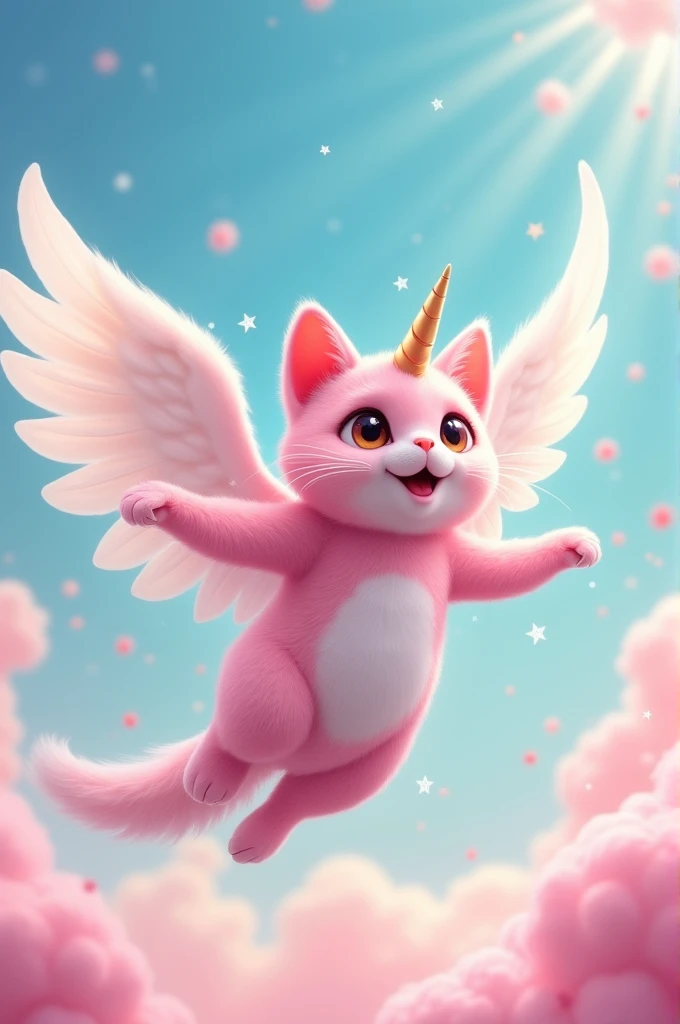 Pink cat with brown eyes with white alicorn wings and no horn, with a furry and fluffy tail and wearing a white jumpsuit in the style of a Top Wing character. 